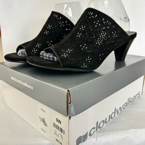 NIB Cloudwalkers Women’s Black Size 9W Jessie Slip On Open Toe Heel Sandals